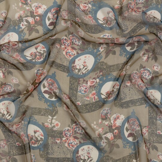RADYAN; 1 Yard Olive Blue Pink Flowers Frames Silk Chiffon 45 inch Width; Category:Chiffon; Image:1